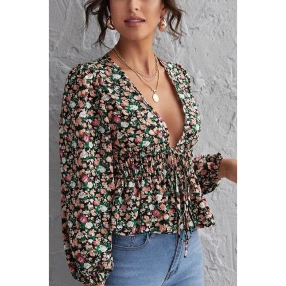 Floral Peplum Blouse V-Neck Tie Front Smocked Waist Puffy Sleeve Black Large